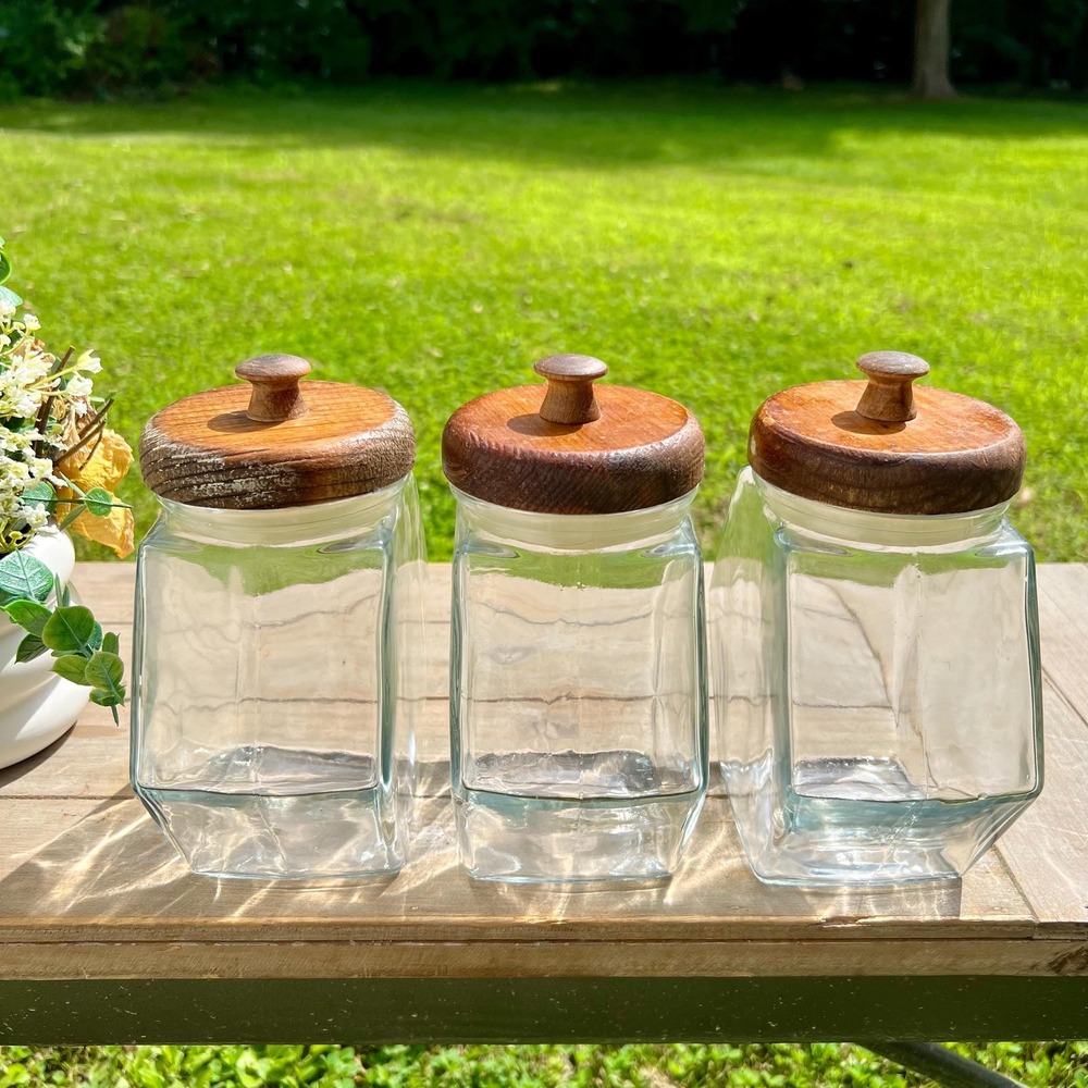 Vintage Glass Jar Canisters w/ Wood Lids | Set of 3